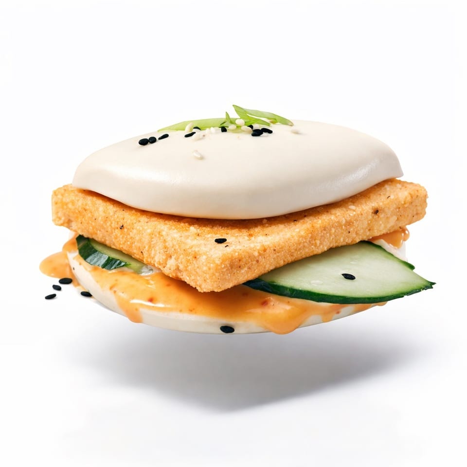 Crispy breaded sandwich with cucumber slices, creamy orange sauce, white bun, black sesame seeds, and fresh herbs.