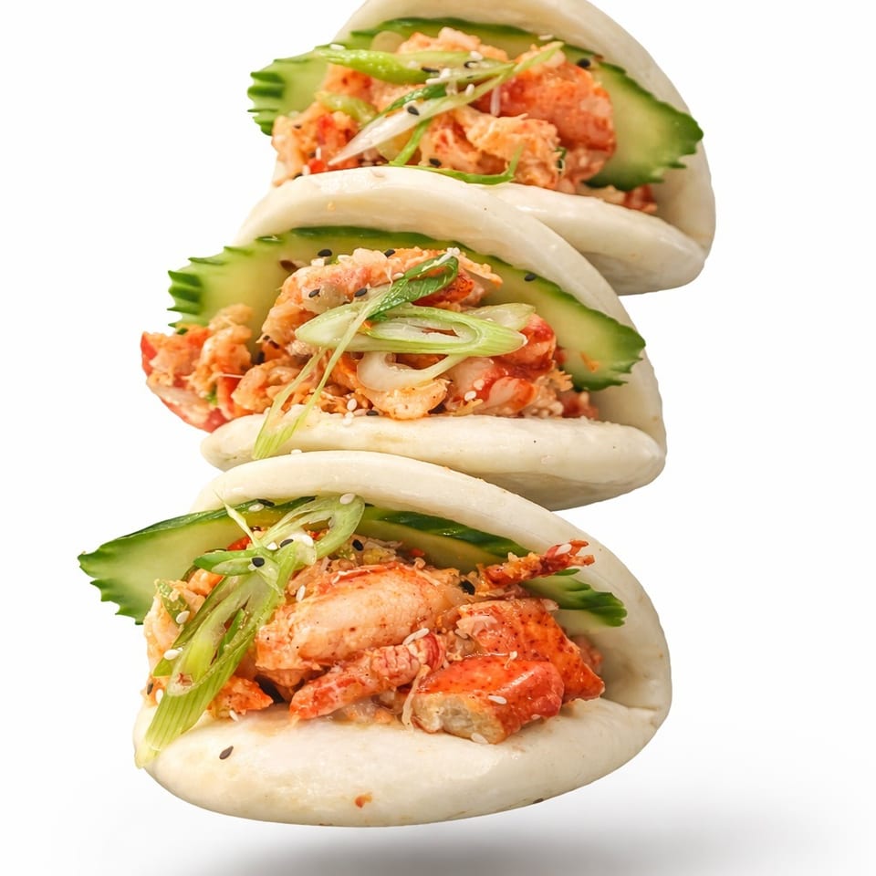 Three steamed bao buns filled with lobster, cucumber, scallions, and sesame seeds, stacked against a white background.