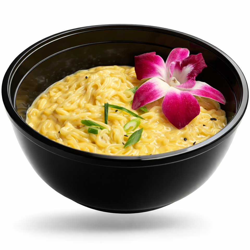 Creamy yellow noodles in a black bowl garnished with green onions, black sesame seeds, and a pink orchid flower.